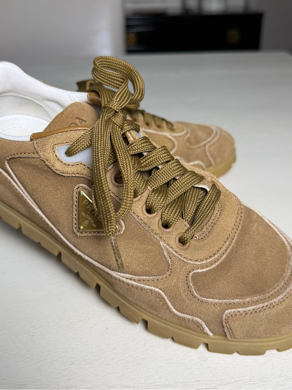 Prada Woman’s Suede Sneakers in Brown with Gold Logo - Picture 3 of 6